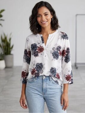 Daniel Rainn White Floral Split-Neck Blouse with Navy & Burgundy Flowers